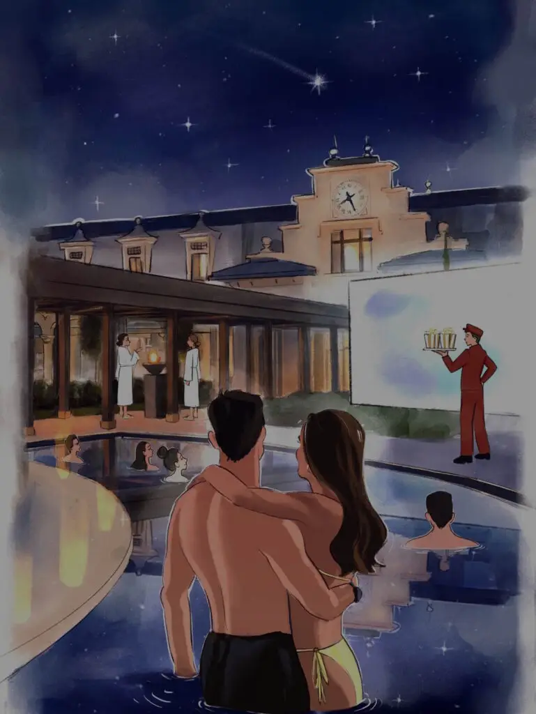 Una coppia si gode una romantica serata al cinema all'aperto, nella piscina di un resort di lusso.