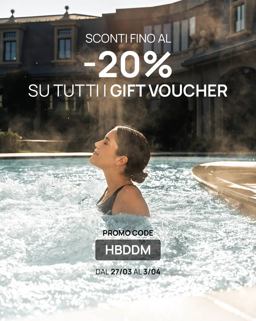Donna rilassata in piscina termale. Sconto -20% sui gift voucher. Codice promozionale HBDDM.