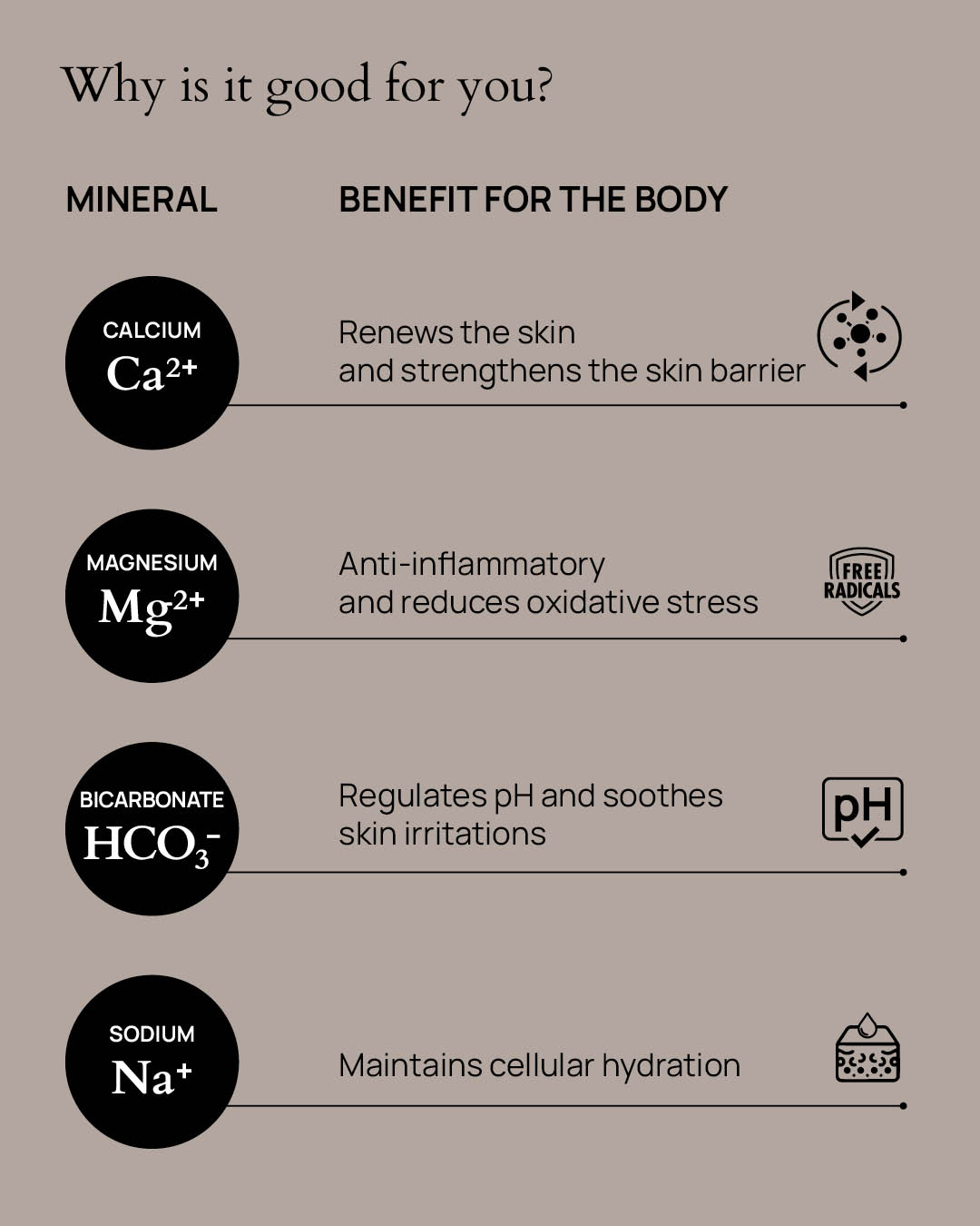 Infographic: Benefits of minerals for the skin. Calcium, magnesium, bicarbonates, sodium.