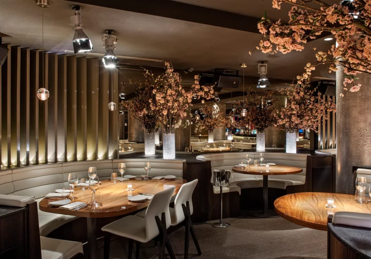 Tavoli rotondi in legno in un ristorante elegante con sedute curve e fiori di ciliegio